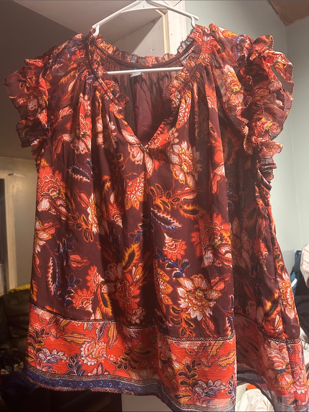 Old Navy Floral Ruffled Boho Blouse in Brown and Red